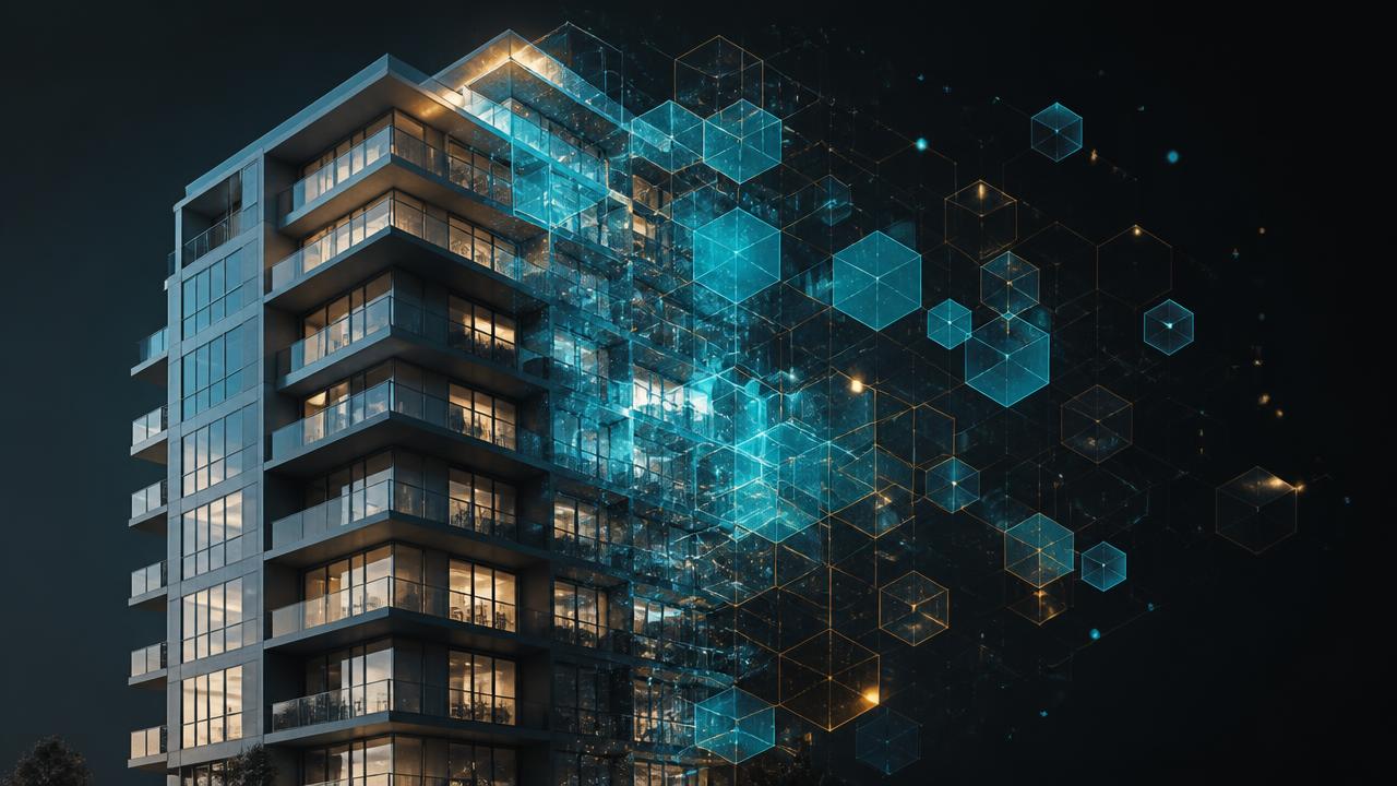 Edificio moderno representado como tokens digitales